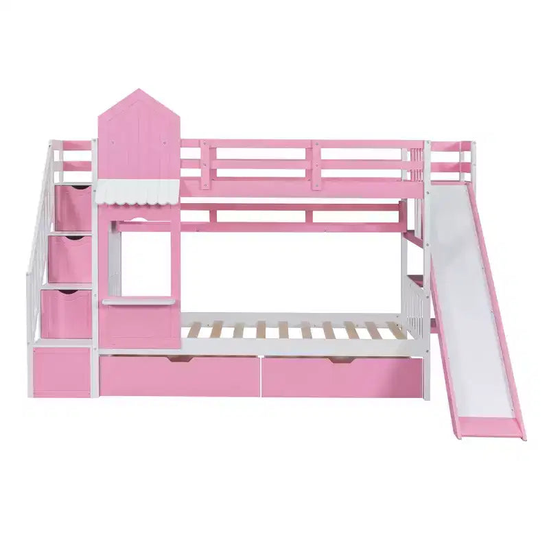 Lit superposé château simple avec 2 tiroirs, 3 étagères et toboggan – Lit mezzanine pour enfants