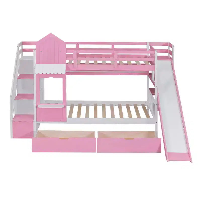 Lit superposé château simple avec 2 tiroirs, 3 étagères et toboggan – Lit mezzanine pour enfants