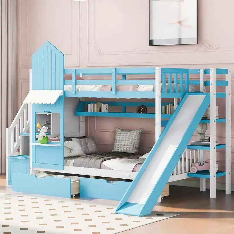 Lit superposé château simple avec 2 tiroirs, 3 étagères et toboggan – Lit mezzanine pour enfants