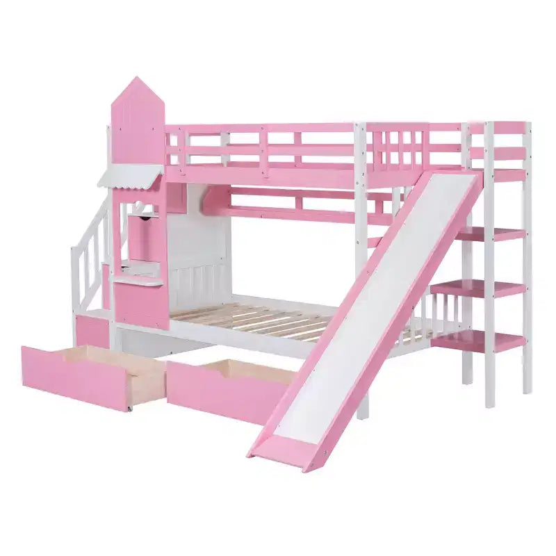 Lit superposé château simple avec 2 tiroirs, 3 étagères et toboggan – Lit mezzanine pour enfants
