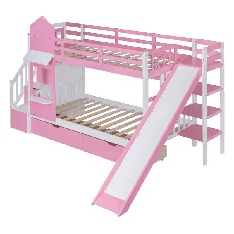 Lit superposé château simple avec 2 tiroirs, 3 étagères et toboggan – Lit mezzanine pour enfants