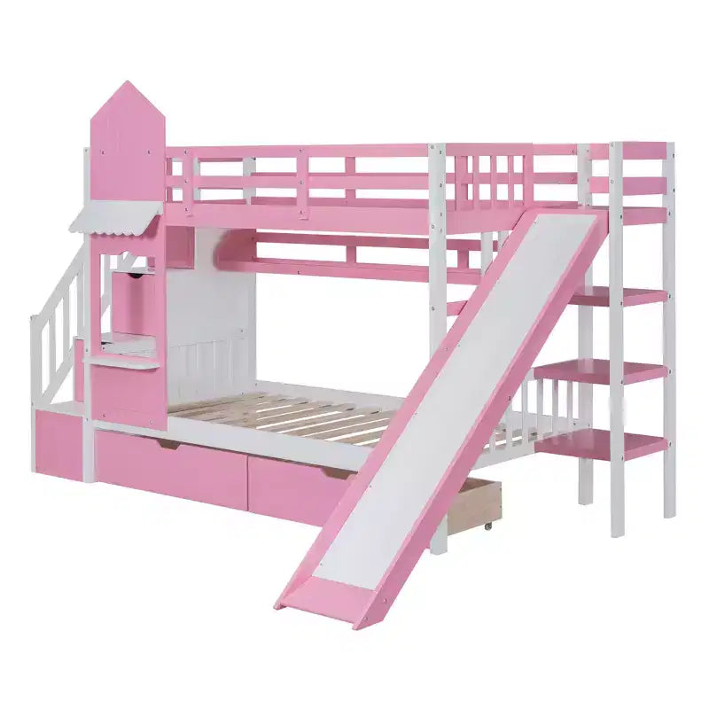 Lit superposé château simple avec 2 tiroirs, 3 étagères et toboggan – Lit mezzanine pour enfants