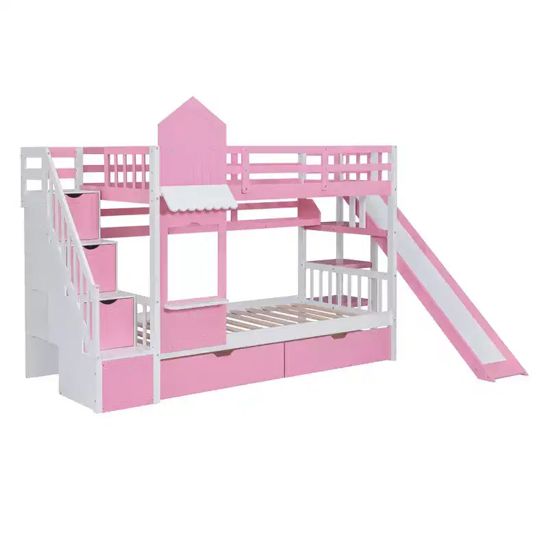 Lit superposé château simple avec 2 tiroirs, 3 étagères et toboggan – Lit mezzanine pour enfants