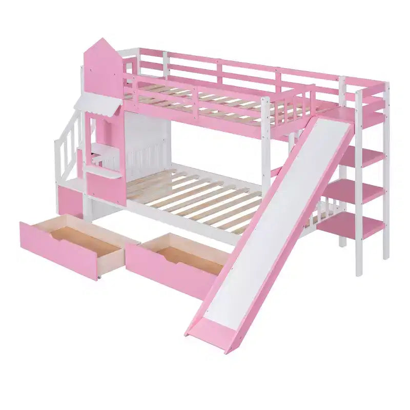 Lit superposé château simple avec 2 tiroirs, 3 étagères et toboggan – Lit mezzanine pour enfants