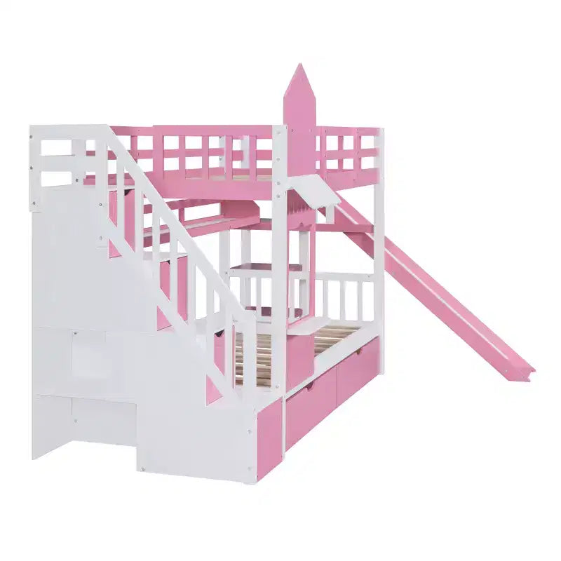 Lit superposé château simple avec 2 tiroirs, 3 étagères et toboggan – Lit mezzanine pour enfants