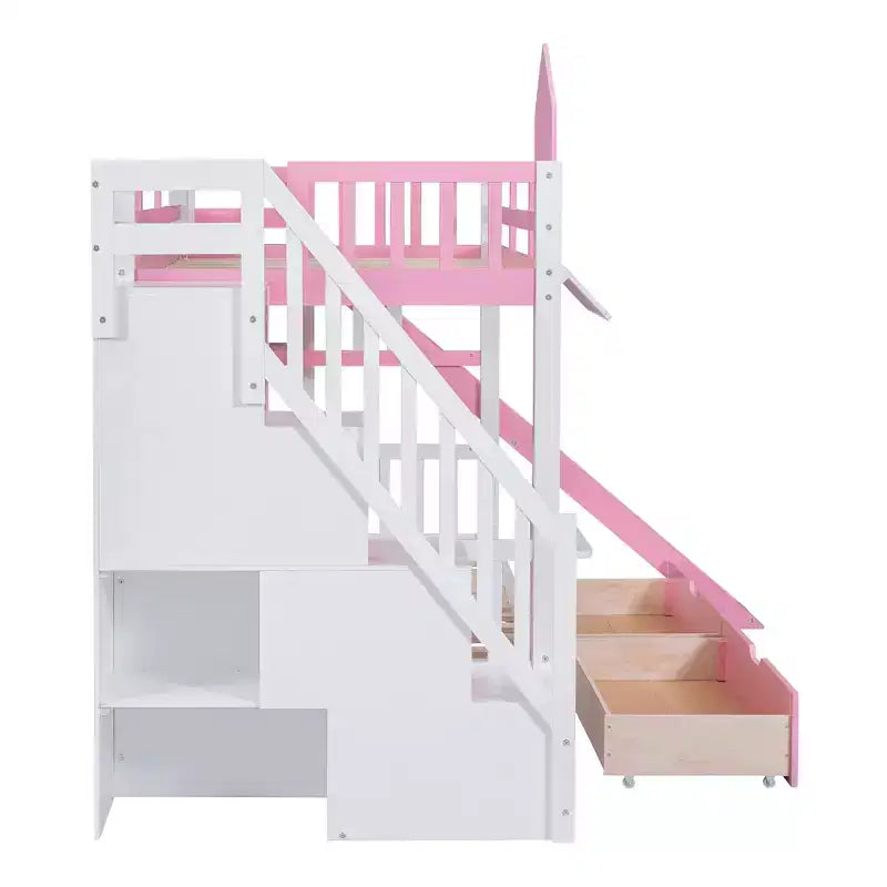 Lit superposé château simple avec 2 tiroirs, 3 étagères et toboggan – Lit mezzanine pour enfants