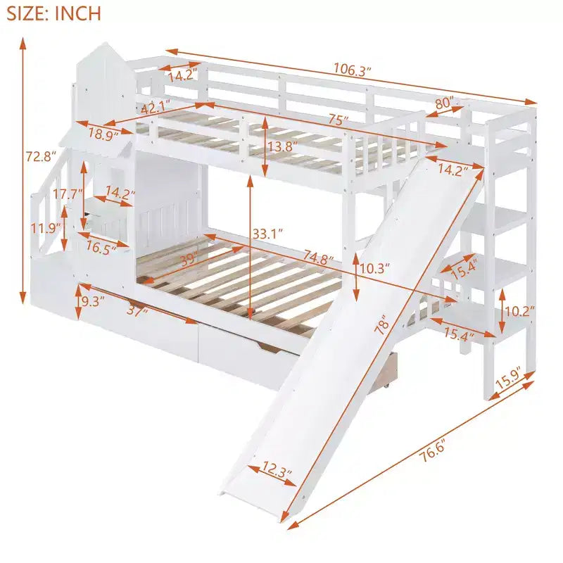 Lit superposé château simple avec 2 tiroirs, 3 étagères et toboggan – Lit mezzanine pour enfants