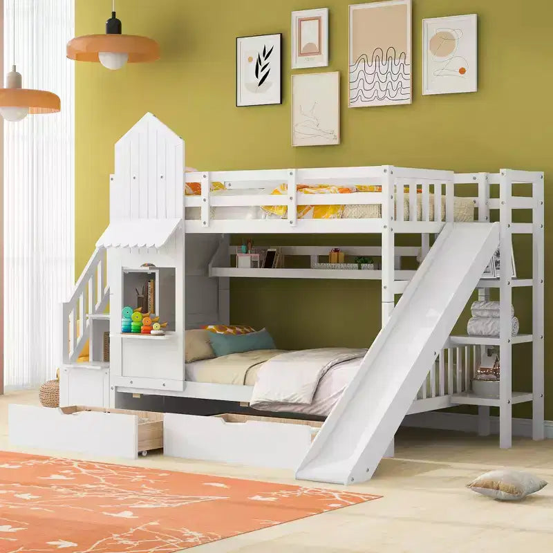 Lit superposé château simple avec 2 tiroirs, 3 étagères et toboggan – Lit mezzanine pour enfants