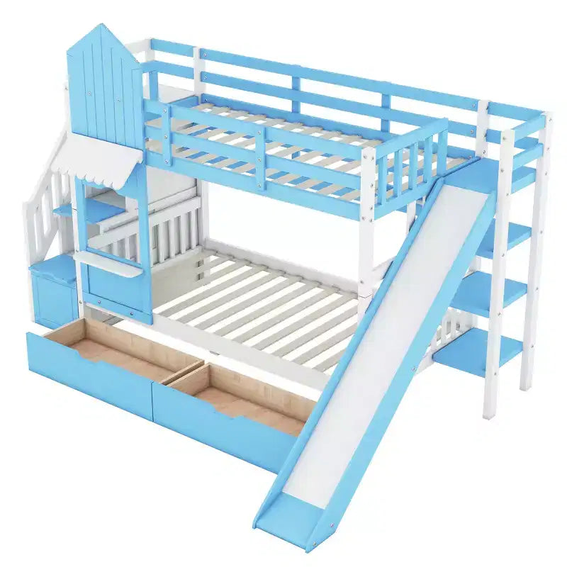Lit superposé château simple avec 2 tiroirs, 3 étagères et toboggan – Lit mezzanine pour enfants