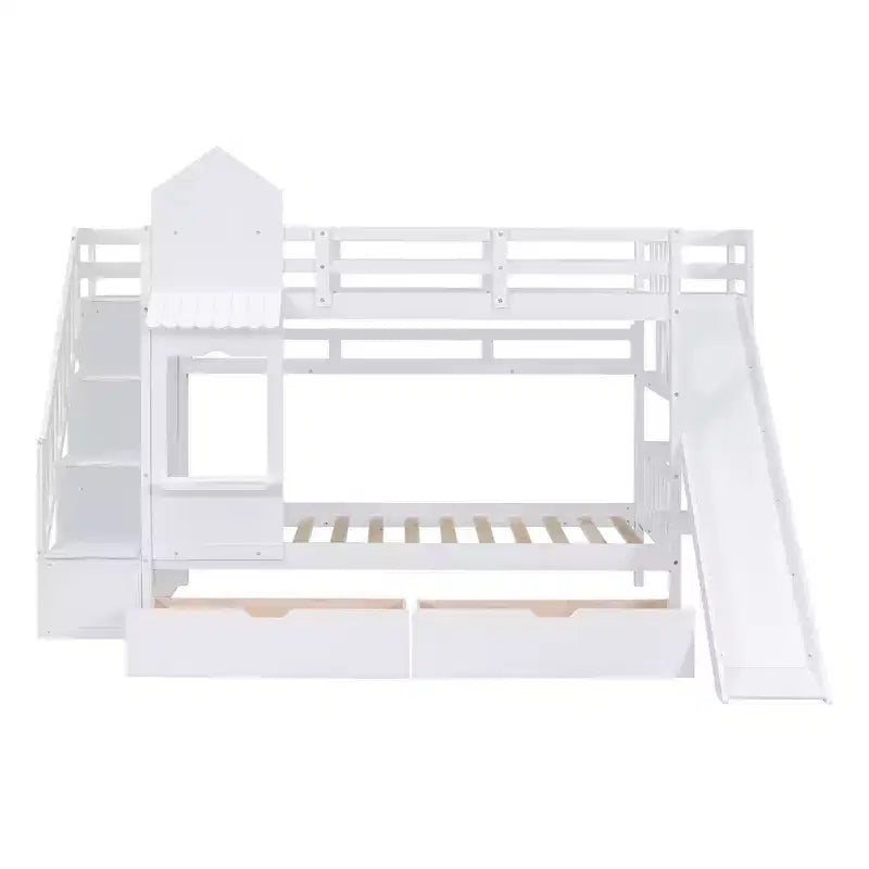 Lit superposé château simple avec 2 tiroirs, 3 étagères et toboggan – Lit mezzanine pour enfants