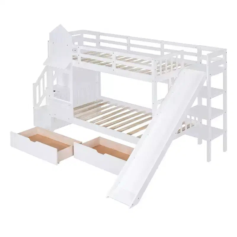 Lit superposé château simple avec 2 tiroirs, 3 étagères et toboggan – Lit mezzanine pour enfants