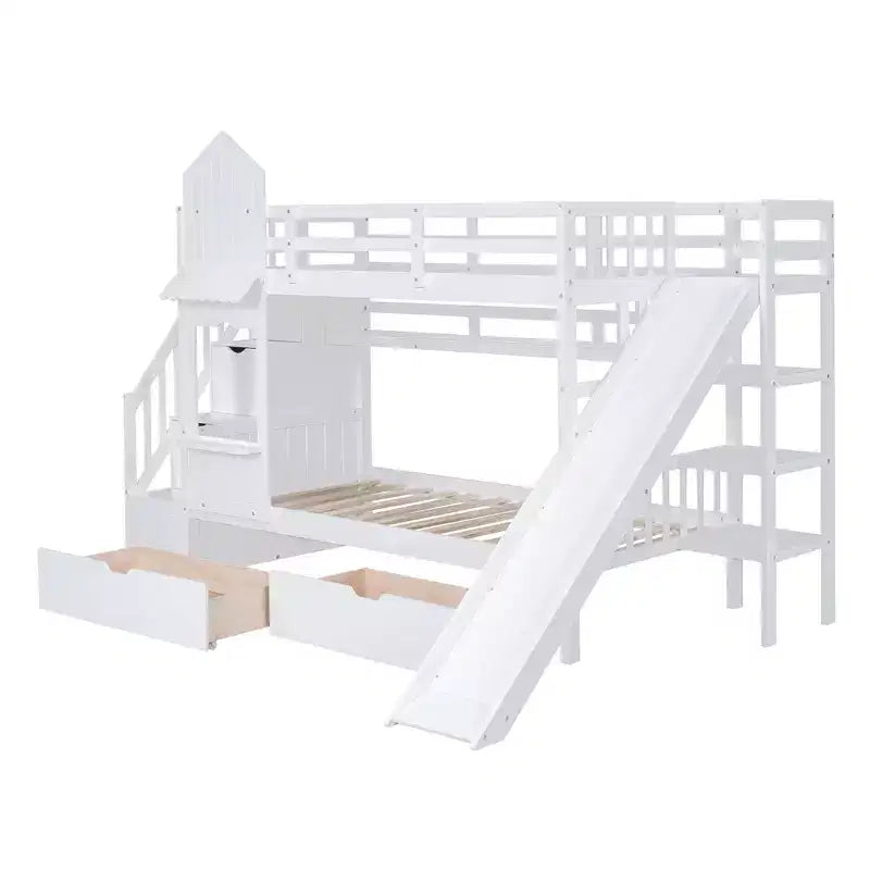 Lit superposé château simple avec 2 tiroirs, 3 étagères et toboggan – Lit mezzanine pour enfants