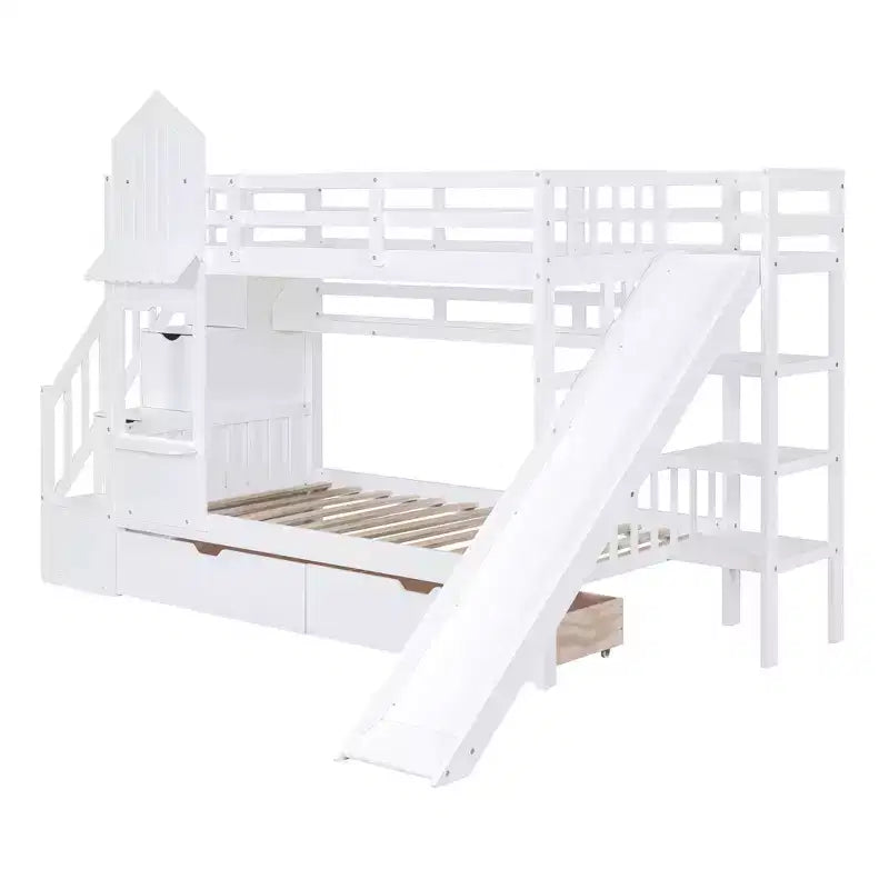 Lit superposé château simple avec 2 tiroirs, 3 étagères et toboggan – Lit mezzanine pour enfants