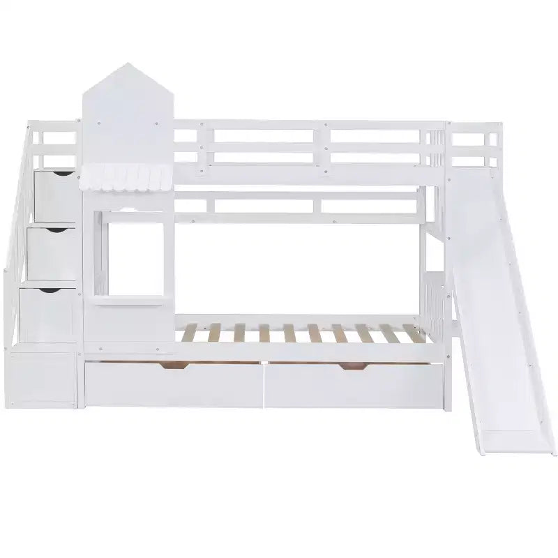 Lit superposé château simple avec 2 tiroirs, 3 étagères et toboggan – Lit mezzanine pour enfants