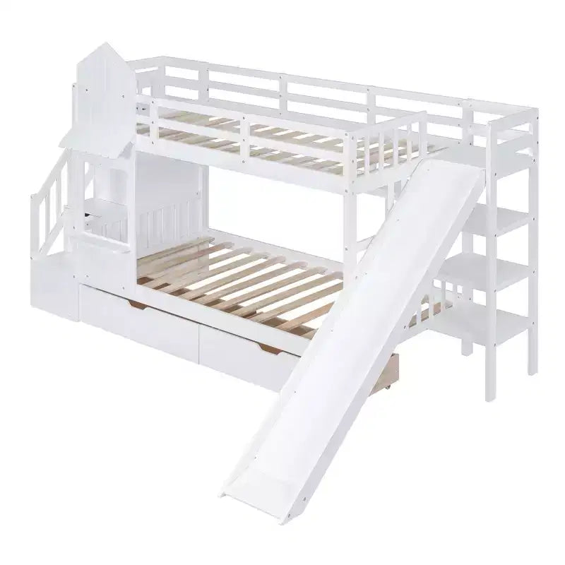 Lit superposé château simple avec 2 tiroirs, 3 étagères et toboggan – Lit mezzanine pour enfants