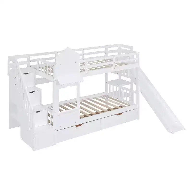 Lit superposé château simple avec 2 tiroirs, 3 étagères et toboggan – Lit mezzanine pour enfants
