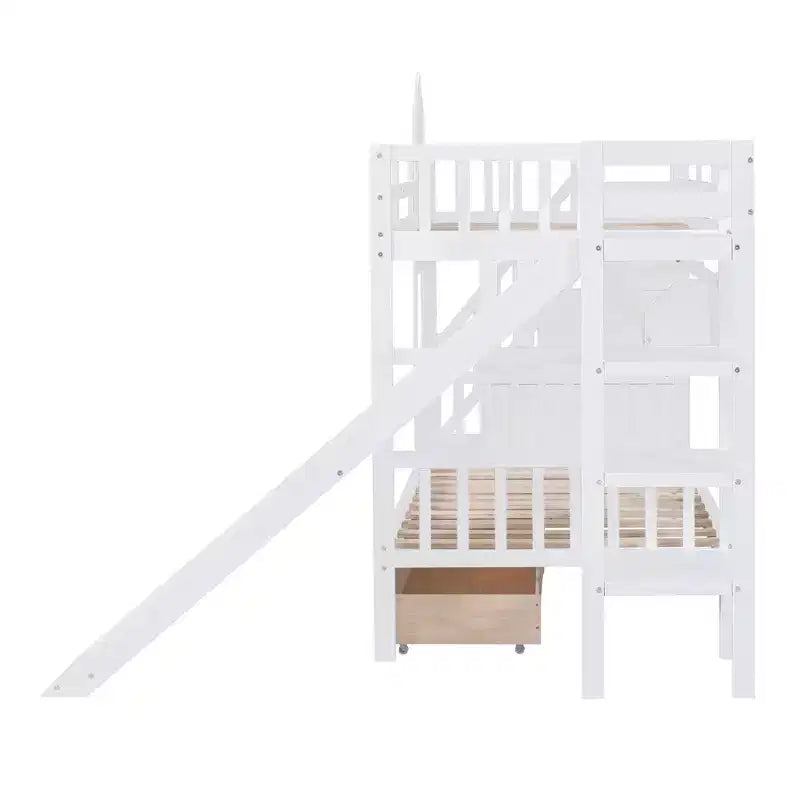 Lit superposé château simple avec 2 tiroirs, 3 étagères et toboggan – Lit mezzanine pour enfants