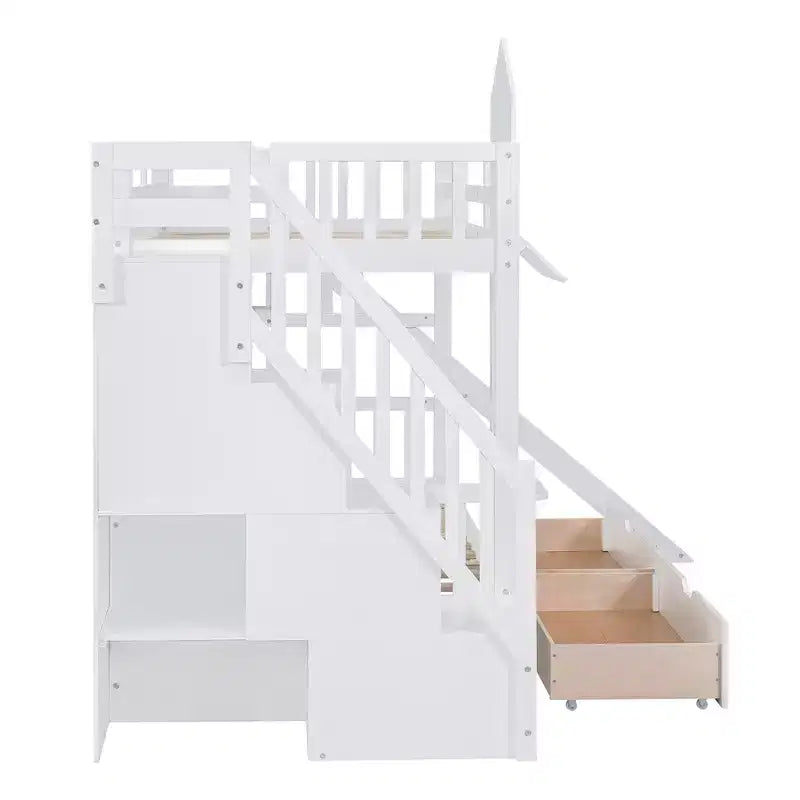 Lit superposé château simple avec 2 tiroirs, 3 étagères et toboggan – Lit mezzanine pour enfants