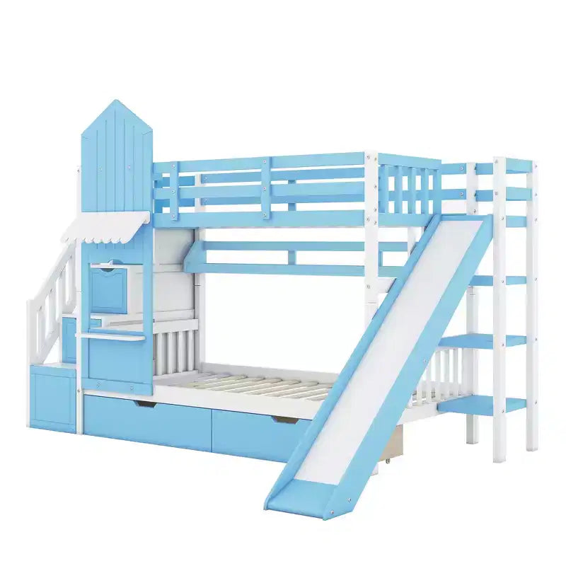 Lit superposé château simple avec 2 tiroirs, 3 étagères et toboggan – Lit mezzanine pour enfants