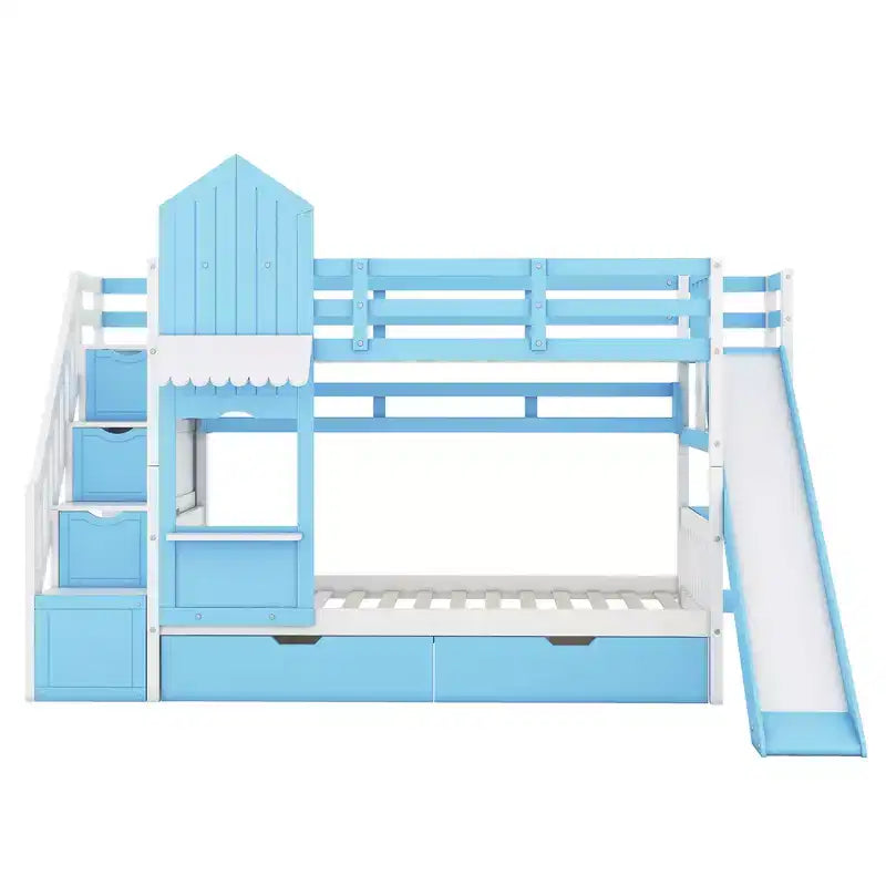 Lit superposé château simple avec 2 tiroirs, 3 étagères et toboggan – Lit mezzanine pour enfants