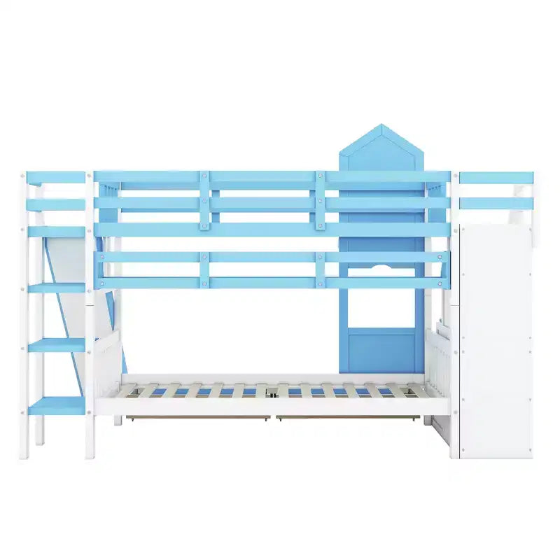 Lit superposé château simple avec 2 tiroirs, 3 étagères et toboggan – Lit mezzanine pour enfants