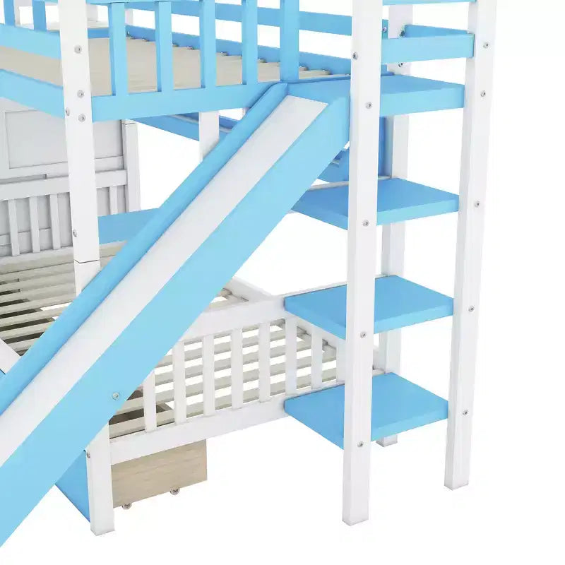 Lit superposé château simple avec 2 tiroirs, 3 étagères et toboggan – Lit mezzanine pour enfants