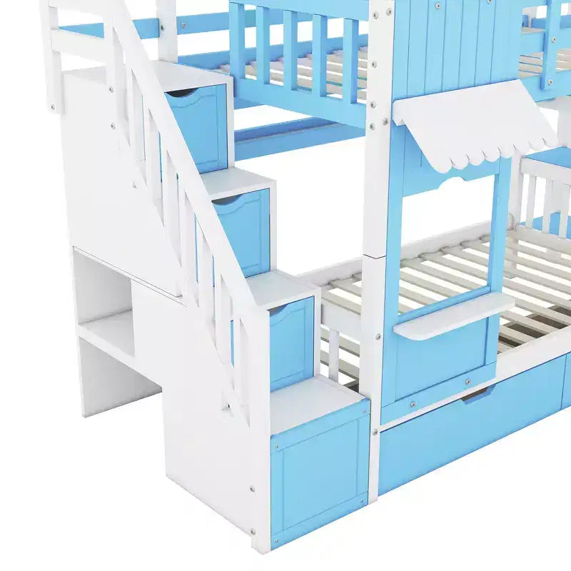 Lit superposé château simple avec 2 tiroirs, 3 étagères et toboggan – Lit mezzanine pour enfants