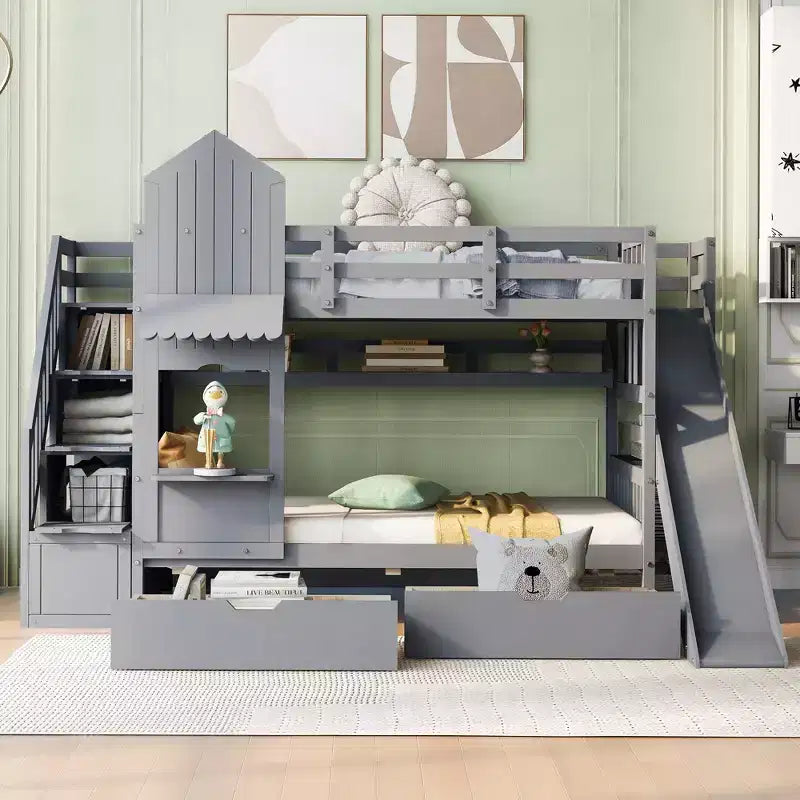 Lit superposé château simple avec 2 tiroirs, 3 étagères et toboggan – Lit mezzanine pour enfants
