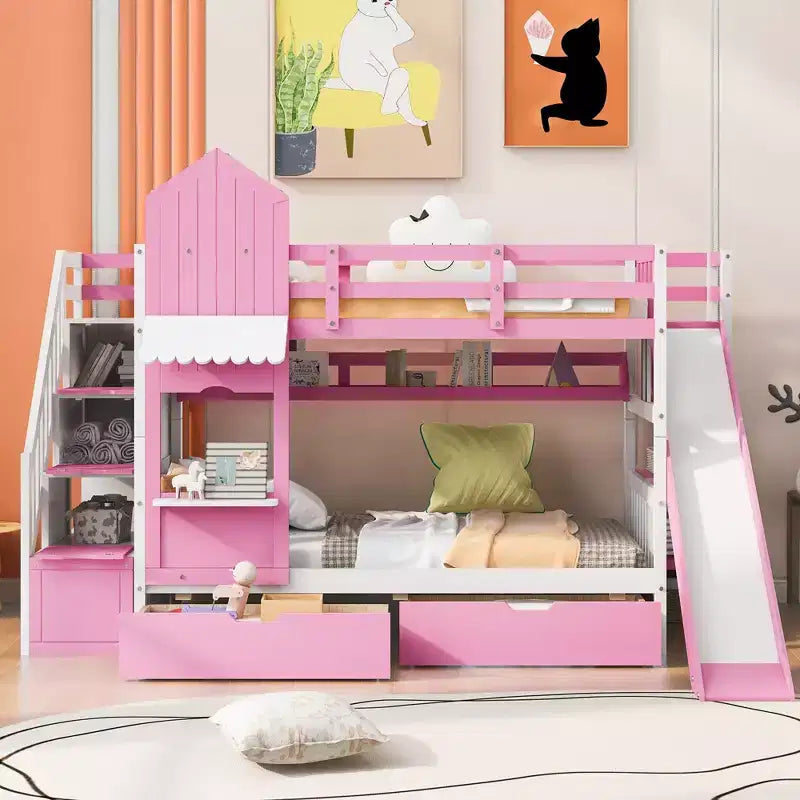 Lit superposé château simple avec 2 tiroirs, 3 étagères et toboggan – Lit mezzanine pour enfants