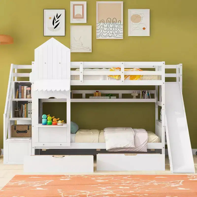 Lit superposé château simple avec 2 tiroirs, 3 étagères et toboggan – Lit mezzanine pour enfants