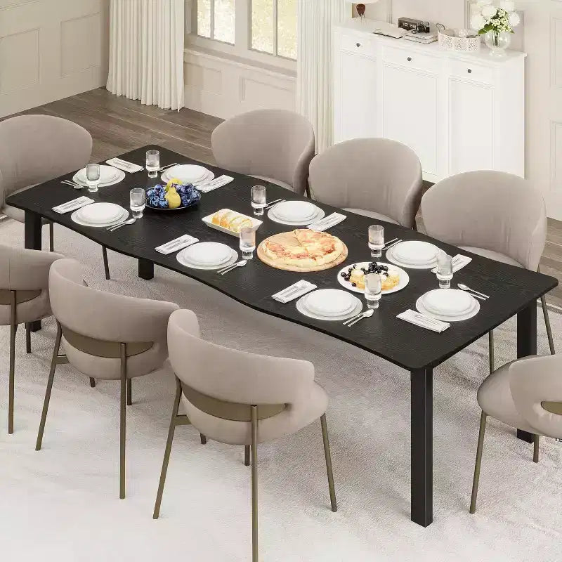 Table de salle à manger moderne rustique C 79 avec plateau épais en MDF à bord ondulé et cadre en métal, imperméable et résistant aux rayures, pour 6 à 8 personnes, assemblage simple