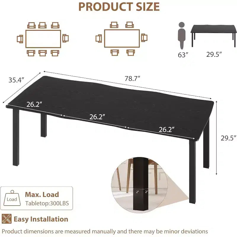 Table de salle à manger moderne rustique C 79 avec plateau épais en MDF à bord ondulé et cadre en métal, imperméable et résistant aux rayures, pour 6 à 8 personnes, assemblage simple