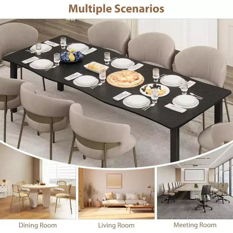 Table de salle à manger moderne rustique C 79 avec plateau épais en MDF à bord ondulé et cadre en métal, imperméable et résistant aux rayures, pour 6 à 8 personnes, assemblage simple