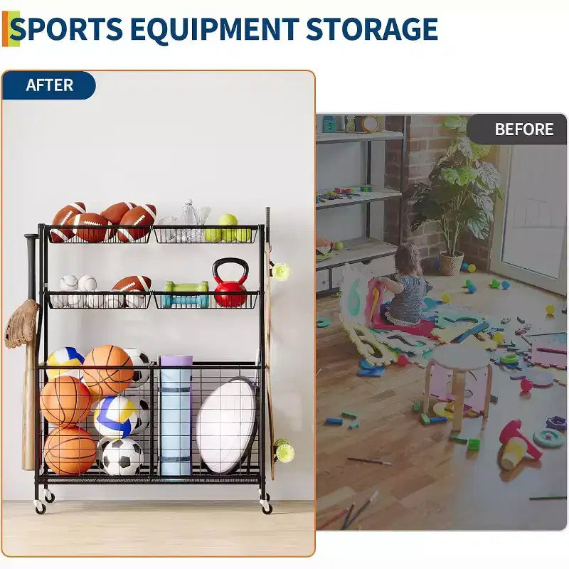 Organisateur d'équipements sportifs, Organisateur de jouets et d'équipements de sport de garage grande capacité avec crochets et paniers, Chariot à roulettes pour ballons pour l'organisation de jouets et d'équipements