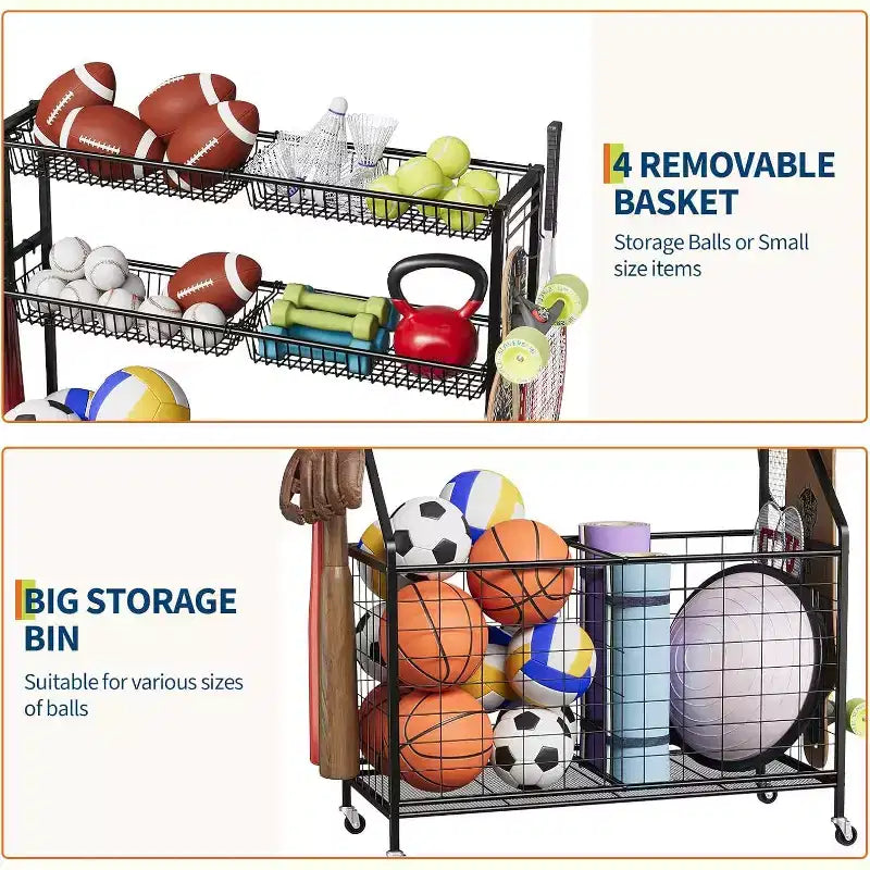 Organisateur d'équipements sportifs, Organisateur de jouets et d'équipements de sport de garage grande capacité avec crochets et paniers, Chariot à roulettes pour ballons pour l'organisation de jouets et d'équipements