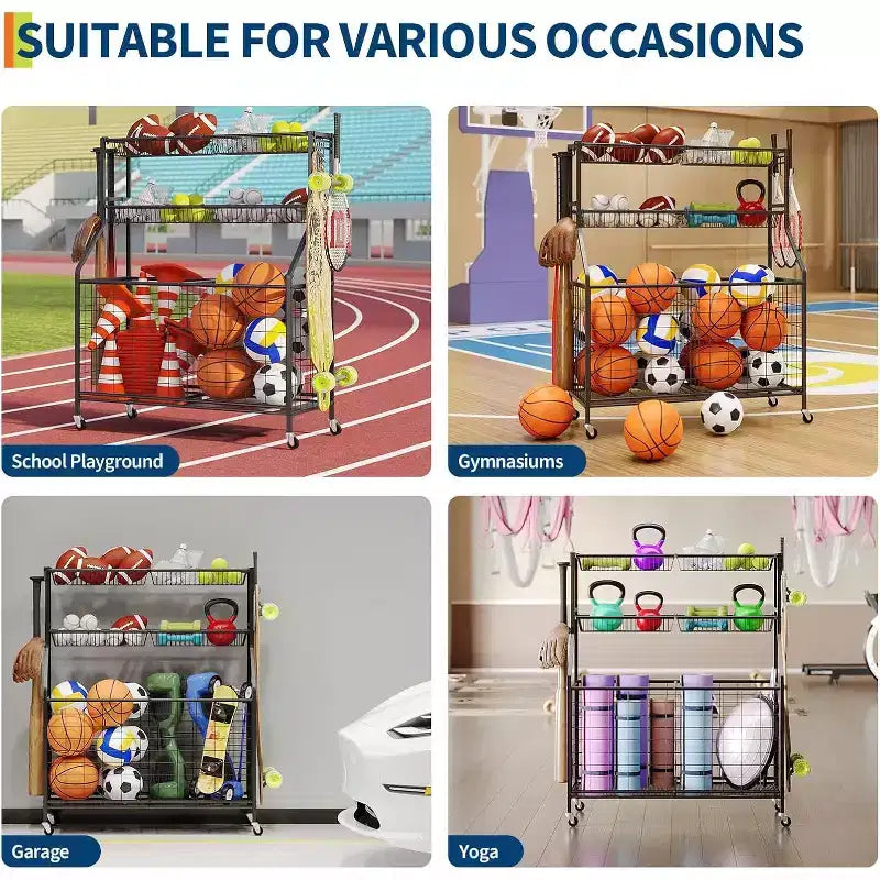 Organisateur d'équipements sportifs, Organisateur de jouets et d'équipements de sport de garage grande capacité avec crochets et paniers, Chariot à roulettes pour ballons pour l'organisation de jouets et d'équipements