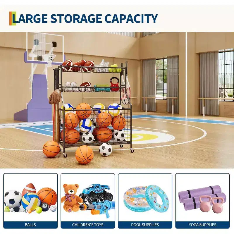 Organisateur d'équipements sportifs, Organisateur de jouets et d'équipements de sport de garage grande capacité avec crochets et paniers, Chariot à roulettes pour ballons pour l'organisation de jouets et d'équipements