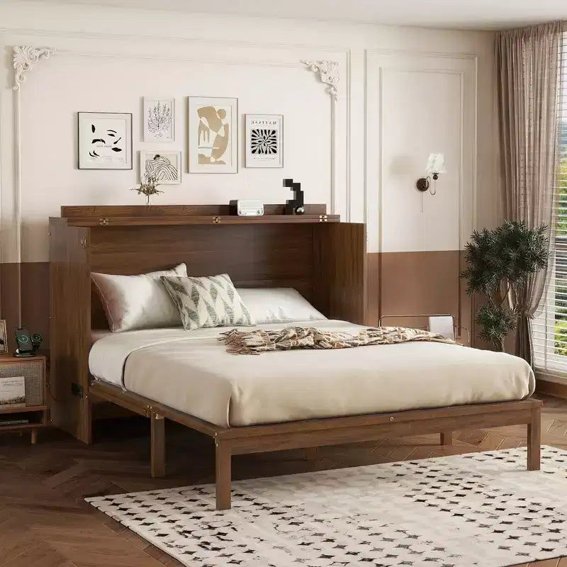 Lit escamotable Queen avec port USB et tiroir de rangement pour chambre à coucher/chambre d'amis, lit en bois de pin avec décoration en rotin