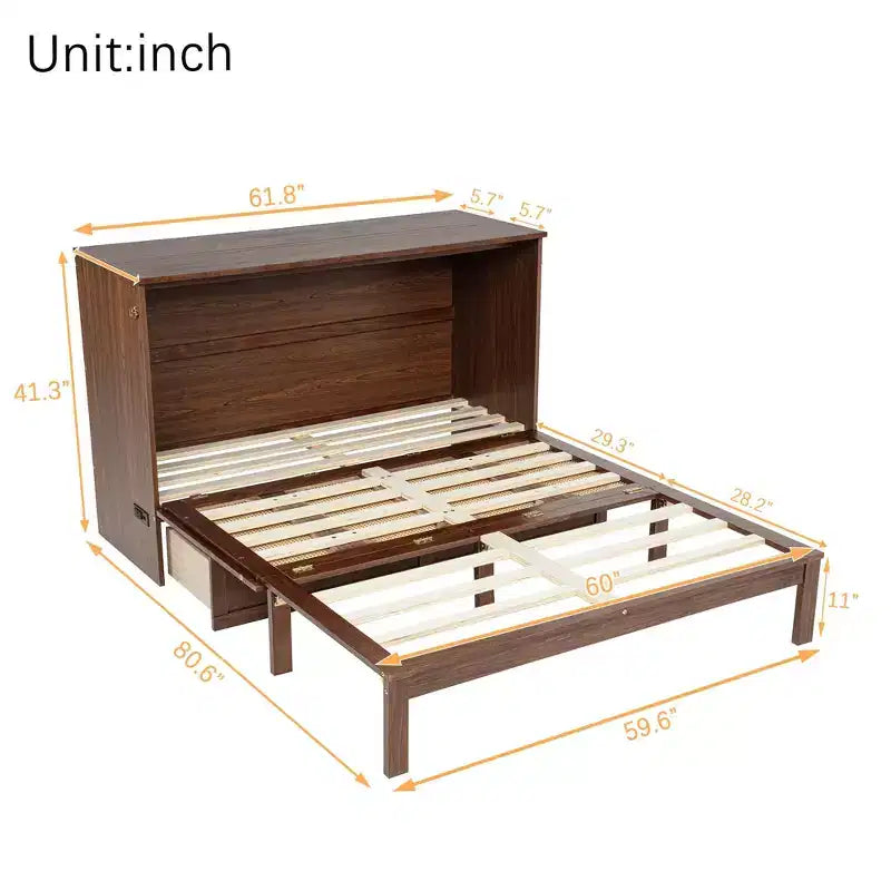 Lit escamotable Queen avec port USB et tiroir de rangement pour chambre à coucher/chambre d'amis, lit en bois de pin avec décoration en rotin