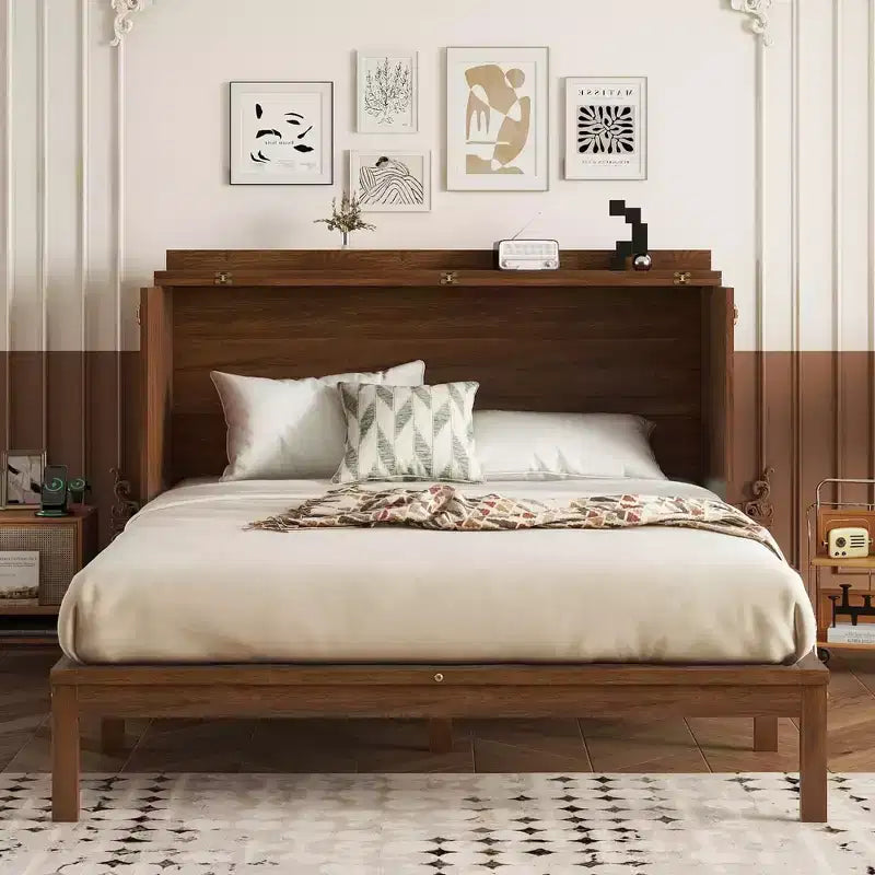 Lit escamotable Queen avec port USB et tiroir de rangement pour chambre à coucher/chambre d'amis, lit en bois de pin avec décoration en rotin