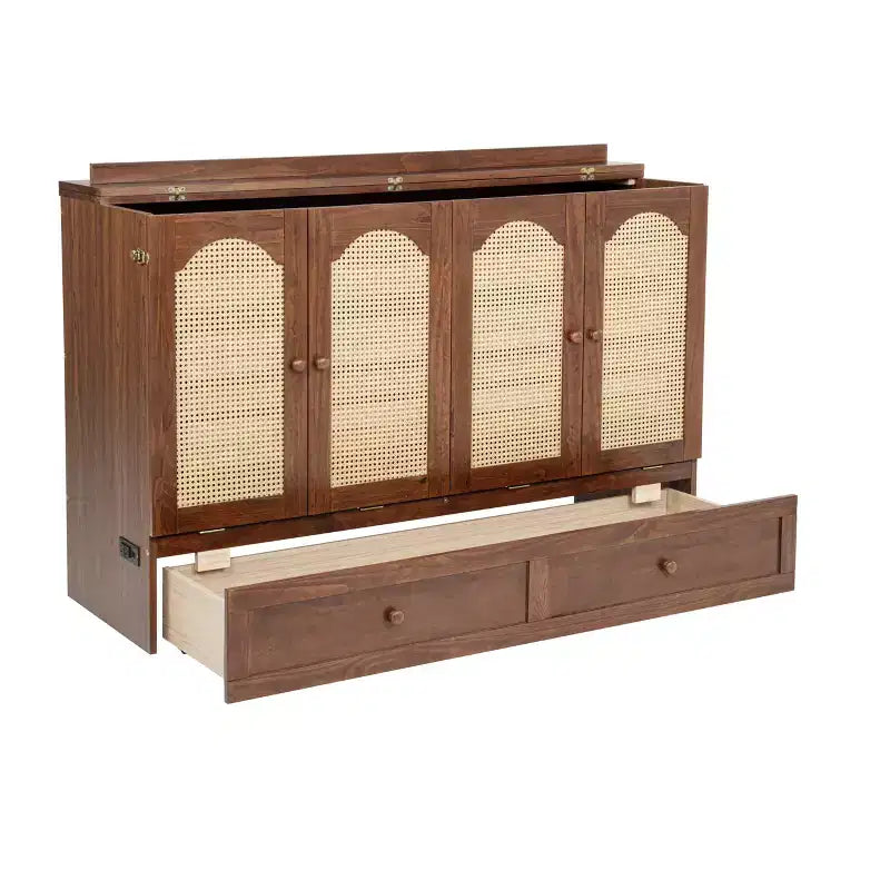 Lit escamotable Queen avec port USB et tiroir de rangement pour chambre à coucher/chambre d'amis, lit en bois de pin avec décoration en rotin