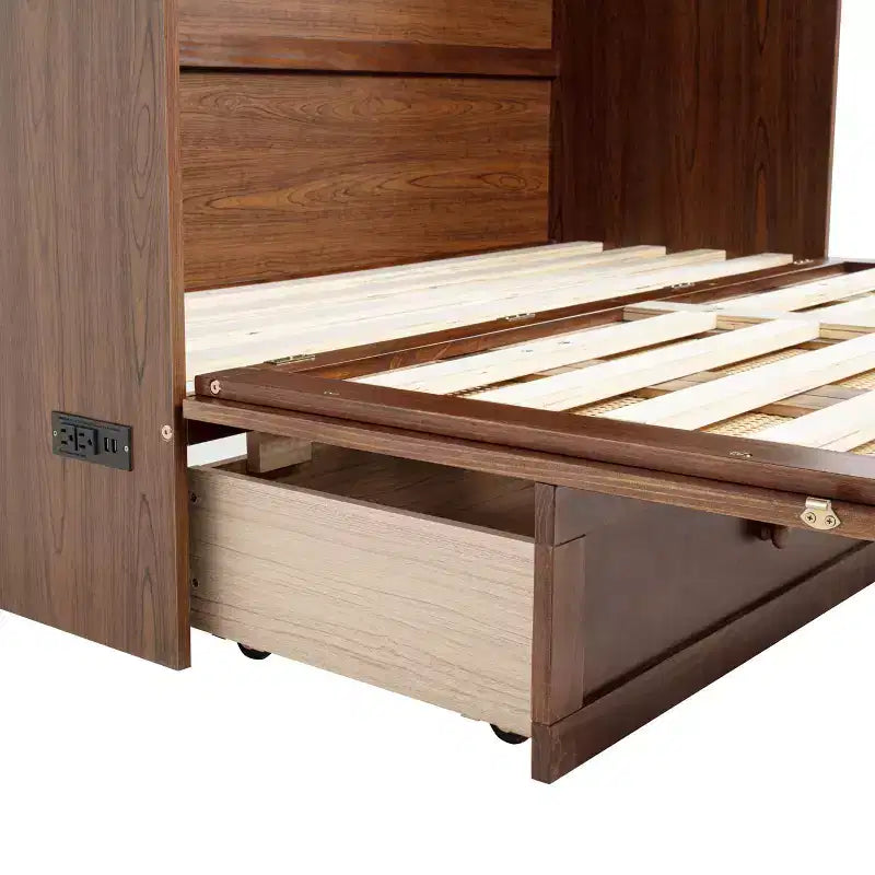 Lit escamotable Queen avec port USB et tiroir de rangement pour chambre à coucher/chambre d'amis, lit en bois de pin avec décoration en rotin