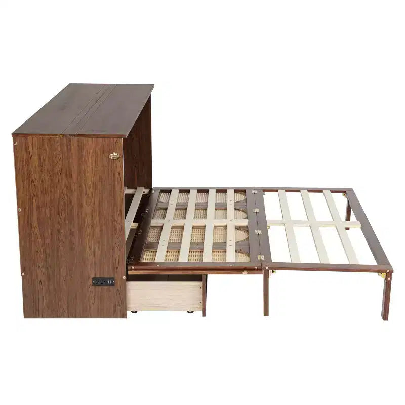 Lit escamotable Queen avec port USB et tiroir de rangement pour chambre à coucher/chambre d'amis, lit en bois de pin avec décoration en rotin