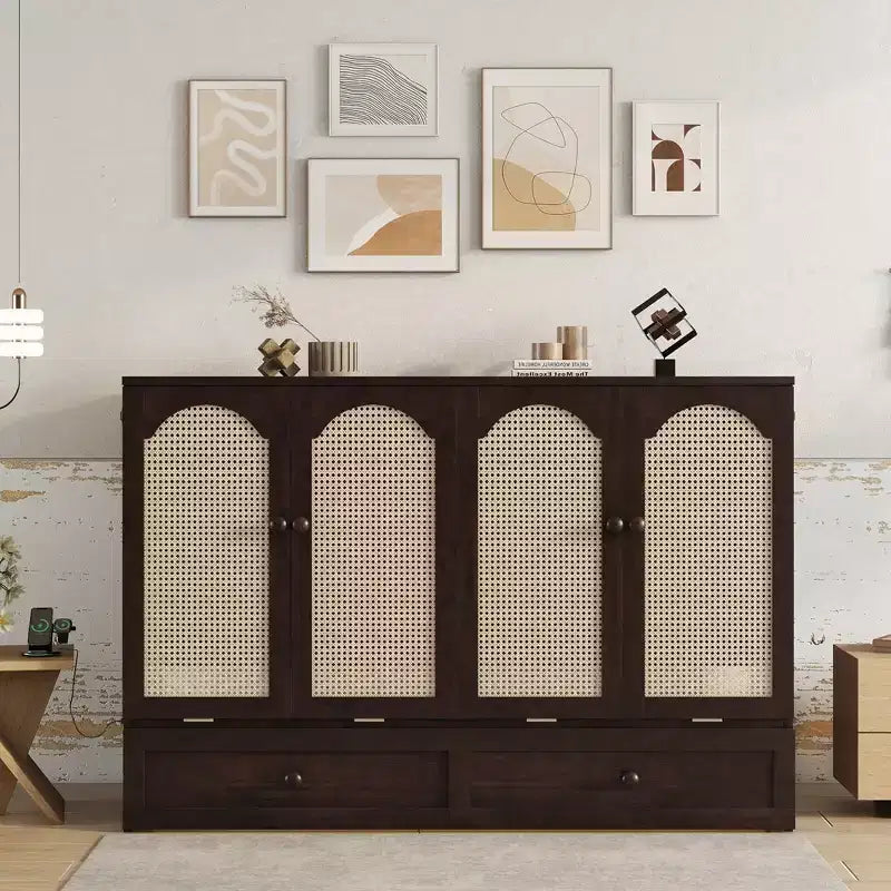 Lit escamotable Queen avec port USB et tiroir de rangement pour chambre à coucher/chambre d'amis, lit en bois de pin avec décoration en rotin