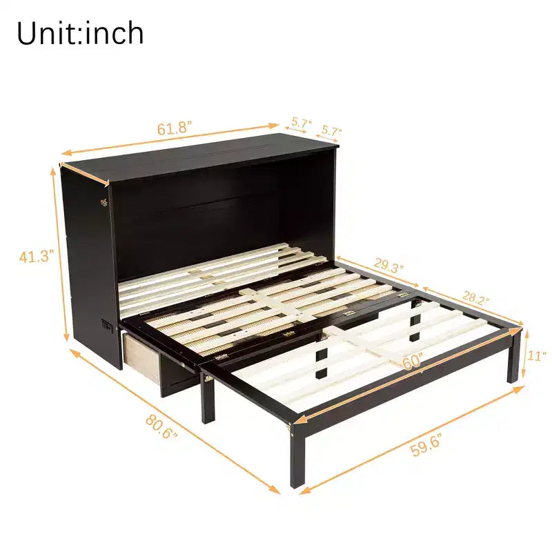 Lit escamotable Queen avec port USB et tiroir de rangement pour chambre à coucher/chambre d'amis, lit en bois de pin avec décoration en rotin