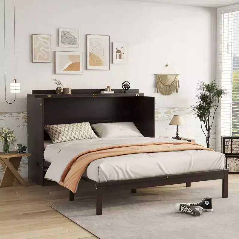 Lit escamotable Queen avec port USB et tiroir de rangement pour chambre à coucher/chambre d'amis, lit en bois de pin avec décoration en rotin