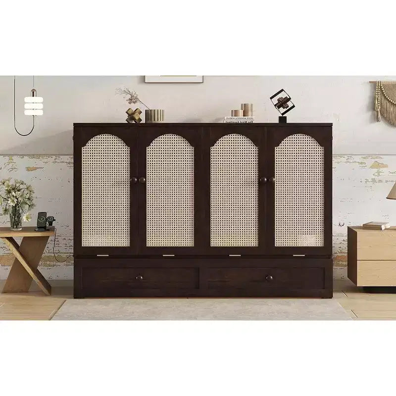 Lit escamotable Queen avec port USB et tiroir de rangement pour chambre à coucher/chambre d'amis, lit en bois de pin avec décoration en rotin