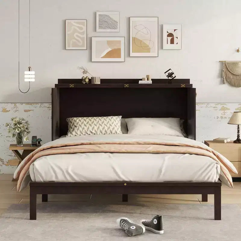 Lit escamotable Queen avec port USB et tiroir de rangement pour chambre à coucher/chambre d'amis, lit en bois de pin avec décoration en rotin