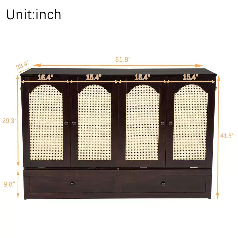 Lit escamotable Queen avec port USB et tiroir de rangement pour chambre à coucher/chambre d'amis, lit en bois de pin avec décoration en rotin