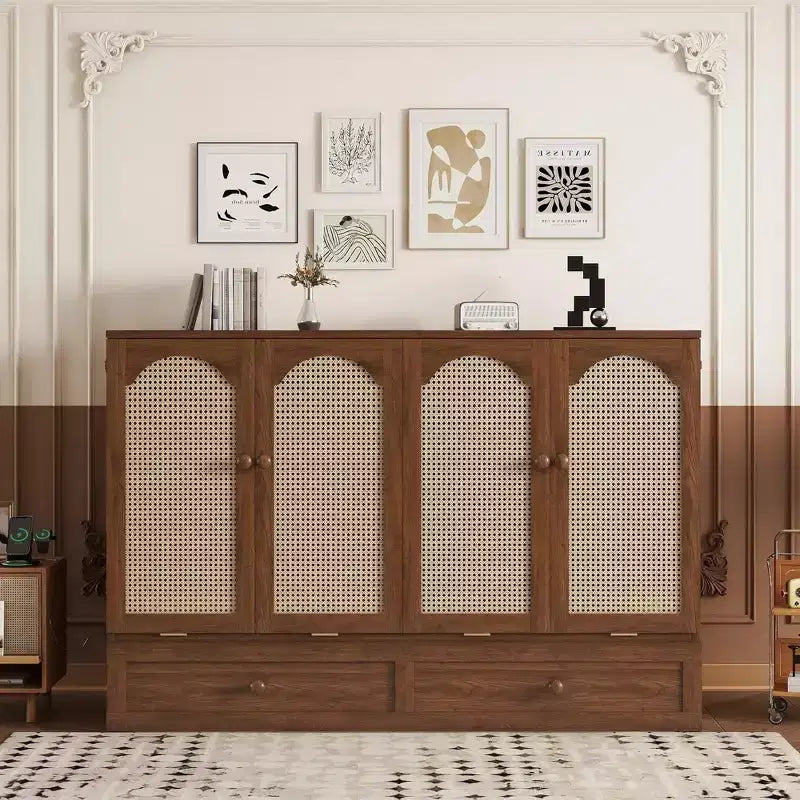 Lit escamotable Queen avec port USB et tiroir de rangement pour chambre à coucher/chambre d'amis, lit en bois de pin avec décoration en rotin